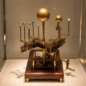 May include: A brass orrery model featuring a large central golden sphere representing the sun, surrounded by smaller planetary spheres on mechanical arms. The device includes intricate gears, a wooden base, and a hand crank for manual operation.