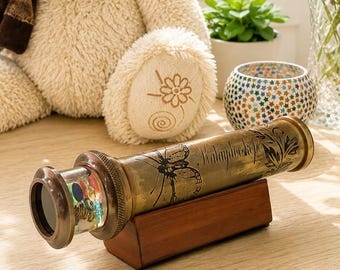 Vintage Brass Kaleidoscope | Liquid Filled, Butterfly Etched Desk Decor | Special gift