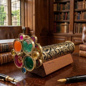 May include: A brass kaleidoscope with colorful glass lenses and a black floral pattern. The kaleidoscope sits on a wooden stand on a leather desk, with books and a pen nearby. The lenses are various colors, including orange, green, and pink.