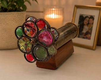 Brass Kaleidoscope with Colorful Object Wheel & Wooden Stand | Stained Glass Optical Art Desk Decor