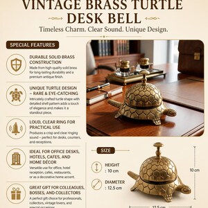 May include: A solid brass desk bell shaped like a turtle with a detailed shell pattern. The bell features a push-button top and measures 10 cm in height and 12.5 cm in diameter. The text VINTAGE BRASS TURTLE DESK BELL is printed at the top.