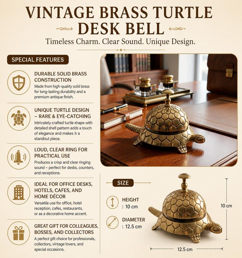 May include: A solid brass desk bell shaped like a turtle with a detailed shell pattern. The bell features a push-button top and measures 10 cm in height and 12.5 cm in diameter. The text VINTAGE BRASS TURTLE DESK BELL is printed at the top.