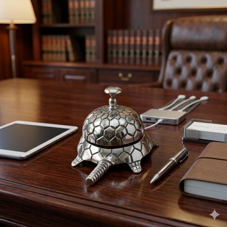 May include: A silver-toned metal desk bell shaped like a turtle with a textured shell pattern. The bell features a rounded top button and a protruding tail, resting on a flat surface alongside a tablet, a multi-port USB hub, a pen, and a notebook.
