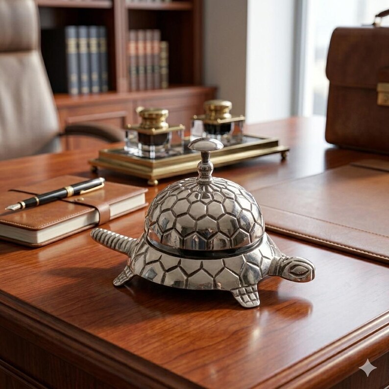 May include: A silver-coloured metal desk bell shaped like a turtle. The bell features a detailed hexagonal shell pattern on its dome, a small knob at the top, and a protruding head and tail. The metallic surface reflects light, highlighting the texture.