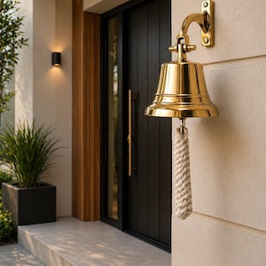 May include: A polished brass bell with a braided rope pull hangs on a beige stone wall. The bell is mounted on a curved bracket. A black door with gold hardware is in the background. A potted plant sits to the left.