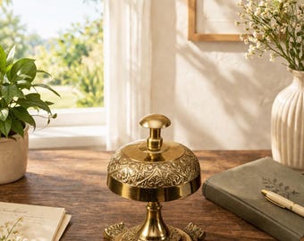 Antique Brass Floral Desk Bell | Vintage Service Reception Call Bell
