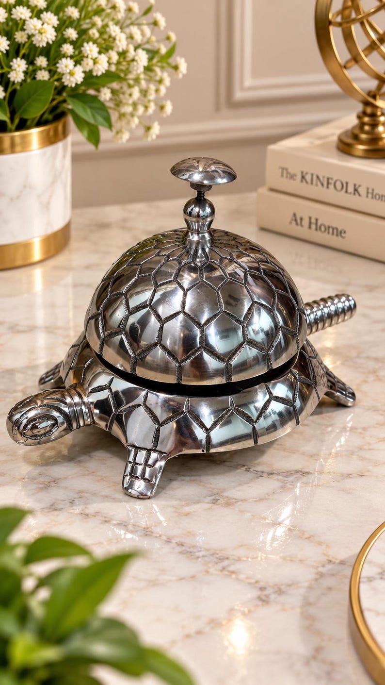 May include: A silver-toned metal desk bell shaped like a turtle. The shell of the turtle forms the dome of the bell, featuring a textured, hexagonal pattern. A small, round button sits at the top of the dome, and a tail extends from the back.