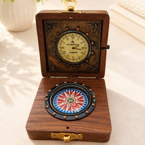 Vintage Brass Compass Clock Set | Nautical Desk Decor, Maritime Gift, 49 Bond Street London