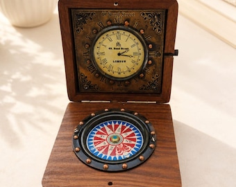 Vintage Brass Compass Clock Set | Nautical Desk Decor, Maritime Gift, 49 Bond Street London