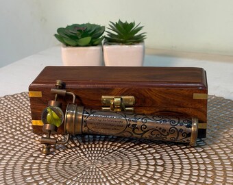 Vintage Brass Kaleidoscope with Wooden Box, Handmade Marble Eyepiece Decorative  Toy, Unique Desk Decor, Gift for Him/Her