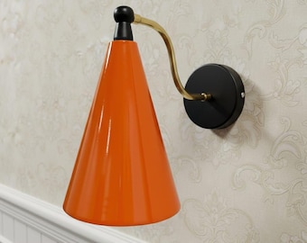 Handmade Brass Wall Sconce | Mid-Century Orange Cone Shade Light, Easter Gift