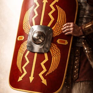 Op de afbeelding: Een Romeins schild met een rode achtergrond en gouden en gele accenten. Het schild heeft een centrale metalen baas en decoratieve vleugels en pijlen. Het schild wordt vastgehouden door een persoon die een Romeins harnas draagt.