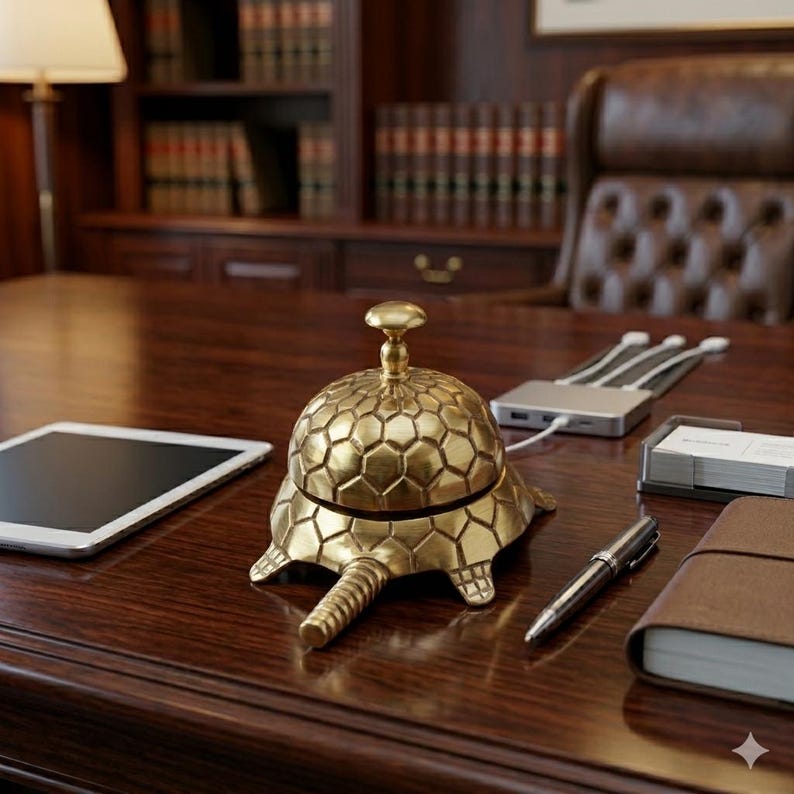 May include: A brass desk bell shaped like a turtle with a hexagonal shell pattern. The bell features a rounded top handle and a protruding tail. It is positioned on a dark wood surface alongside a tablet, a silver USB hub, a pen, and a notebook.
