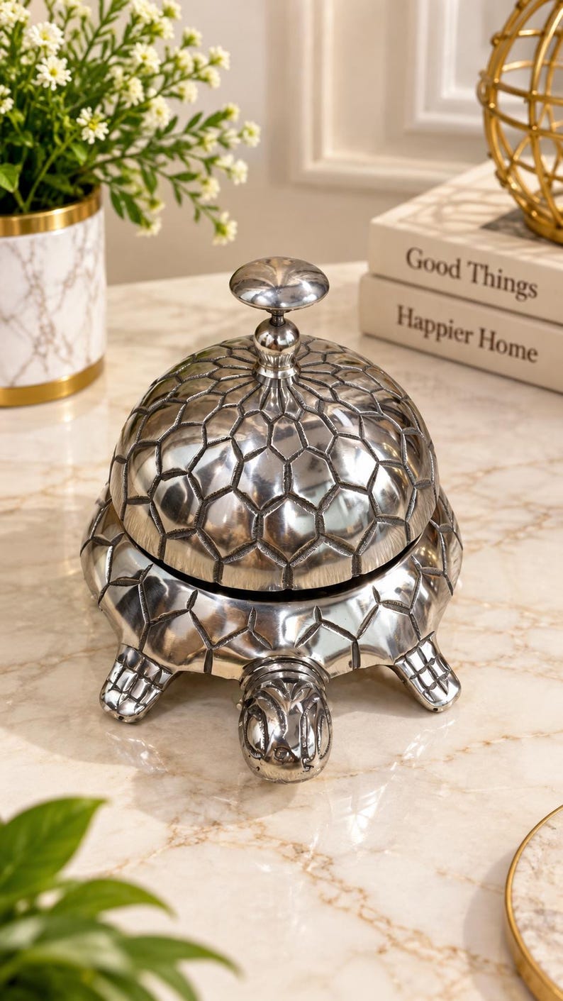 May include: A silver-toned metal desk bell shaped like a turtle. The bell features a textured, geometric shell pattern that covers the dome and the base. It has a small, rounded handle at the top and a protruding turtle head and four feet.