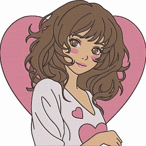May include: An embroidered design of a young woman with brown hair and rosy cheeks, set against a pink heart backdrop. She wears a white shirt with a pink heart design. The image has a cartoon style.