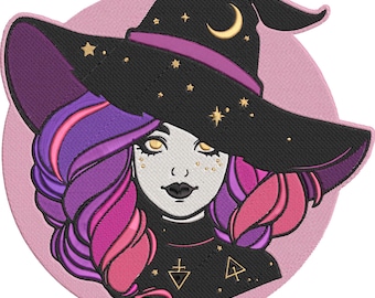 Söt häxa maskinbroderidesign | Magisk Halloween broderifil nedladdning