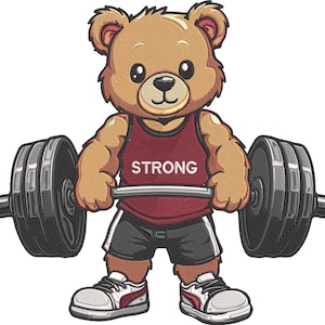 Può includere: Un orsacchiotto dei cartoni animati che solleva un bilanciere. L'orso indossa una canotta bordeaux con la scritta "STRONG" in bianco, pantaloncini neri e scarpe da ginnastica bianche con dettagli rossi. Il bilanciere ha grandi dischi neri.