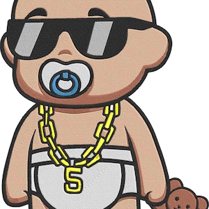 May include: Embroidered patch of a baby wearing sunglasses, a gold chain, and a diaper. The baby has a pacifier and is holding a small teddy bear. The chain has a letter "S" pendant. The baby has a tuft of blue hair.