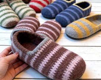 Padrão de pantufas náuticas listradas em tricô, tutorial de pantufas aconchegantes feitas à mão, padrão de tricô fácil para sapatos de casa