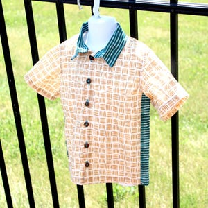 Organic Cotton Bowling Shirt Size 4T Aqua and Tan