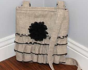 Cross body bag purse with ruffle detail in oatmeal beige linen