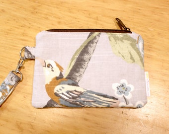 Botanical print zippered wristlet wallet pouch gray and yellow boho print