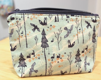 Woodland print zippered wallet pouch forest trees birds