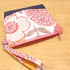 Botanical print zippered wristlet wallet pouch pink, navy, orange image 7