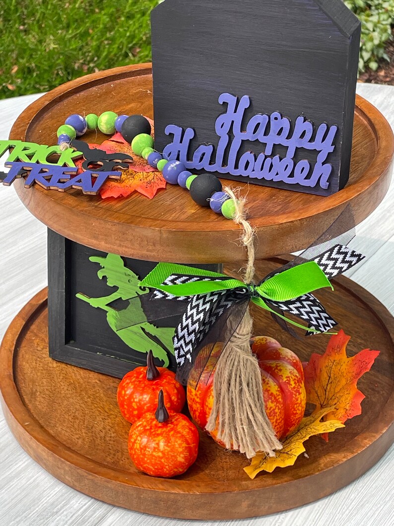 Halloween Tiered Tray Decor Items Spooky Pumpkin Witch Trick or Treat Bead Garland Orange Green Purple Black Tray NOT Included image 2