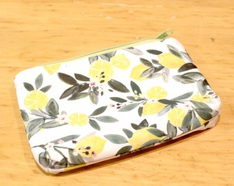 Botanical print zippered wristlet wallet pouch lemon and leaves