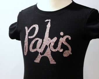 Pink Glitter Paris Girls Black T Shirt Eiffel Tower