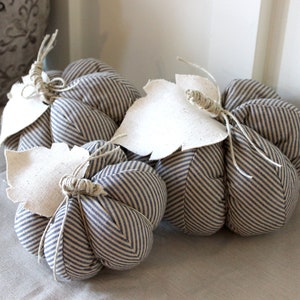 Decorative Fabric Pumpkin Navy and Beige Striped Fall Decor with Fabric Leaf and Twine Stem