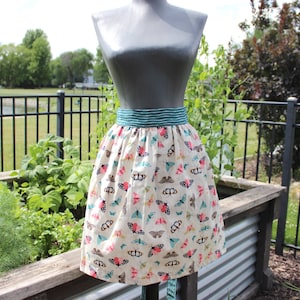 Organic Cotton Butterfly Print Half Apron Extra Long Teal Ties