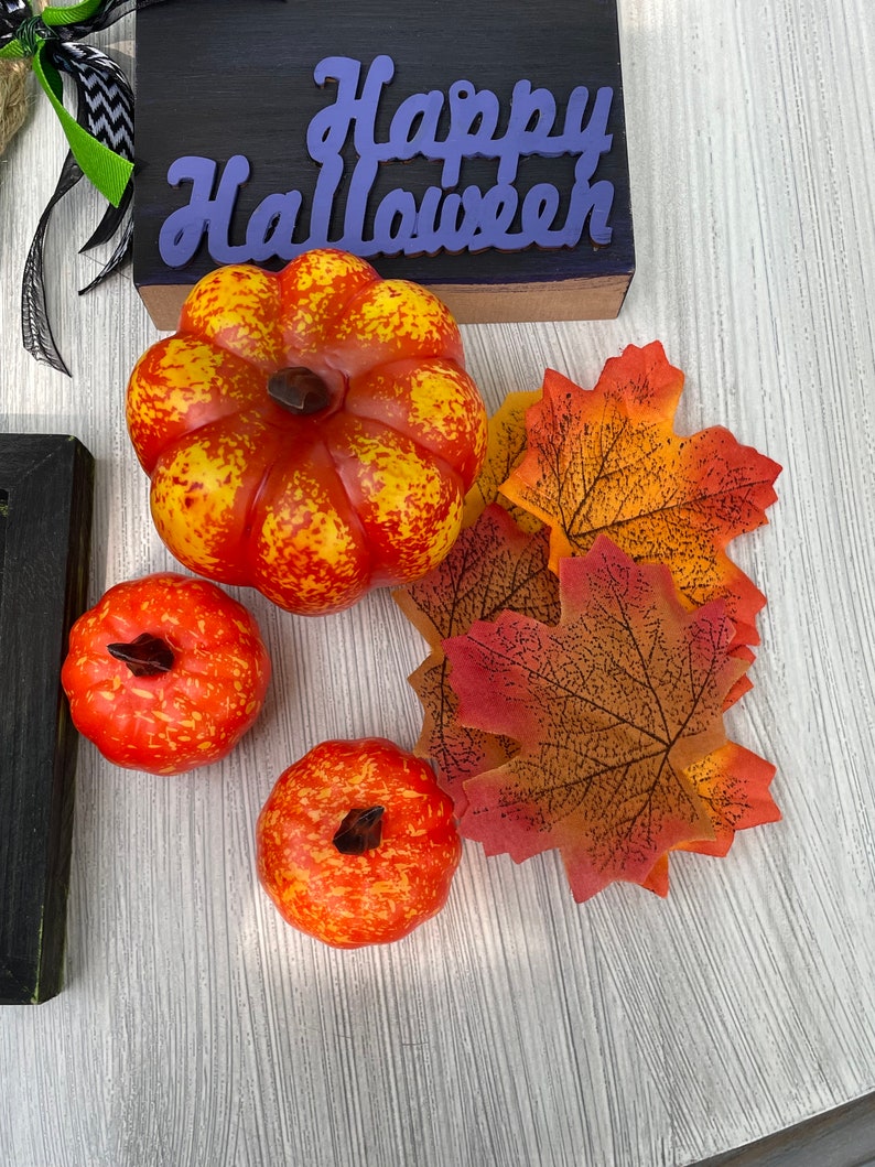 Halloween Tiered Tray Decor Items Spooky Pumpkin Witch Trick or Treat Bead Garland Orange Green Purple Black Tray NOT Included Pumpkins and Leavs