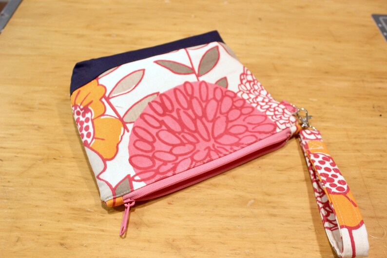 Botanical print zippered wristlet wallet pouch pink, navy, orange image 6