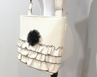 Cross body bag purse with ruffle detail in oatmeal beige linen