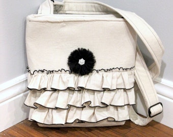 Cross body bag purse with ruffle detail in oatmeal beige linen