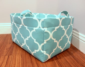 Large fabric tote bin basket storage turquoise quatrefoil print