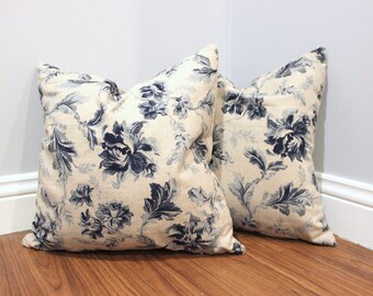 Pillow COVERS ONLY with Navy Floral Print on Beige Linen Background Set of 2
