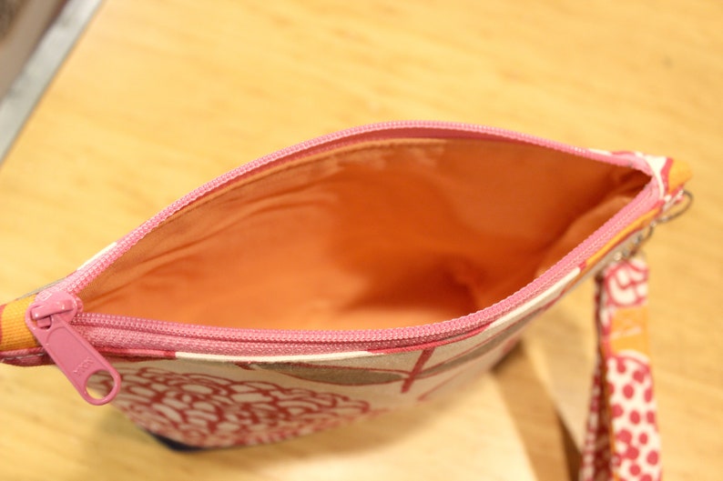 Botanical print zippered wristlet wallet pouch pink, navy, orange image 5