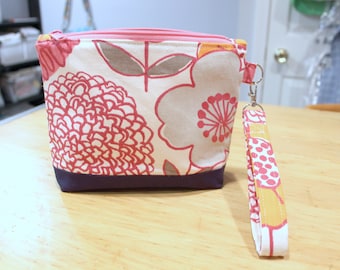 Botanical print zippered wristlet wallet pouch pink, navy, orange