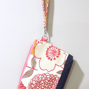 Botanical print zippered wristlet wallet pouch pink, navy, orange image 9