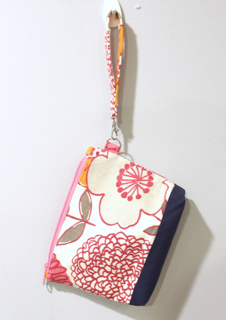 Botanical print zippered wristlet wallet pouch pink, navy, orange image 9