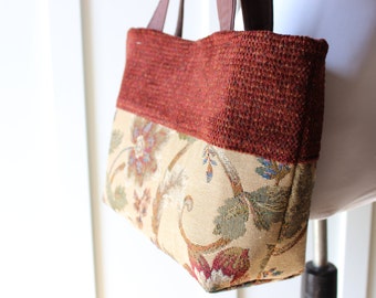 Beige and Burgundy Floral Tote Bag