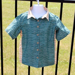 Organic Cotton Bowling Shirt Size 5T Aqua and Tan