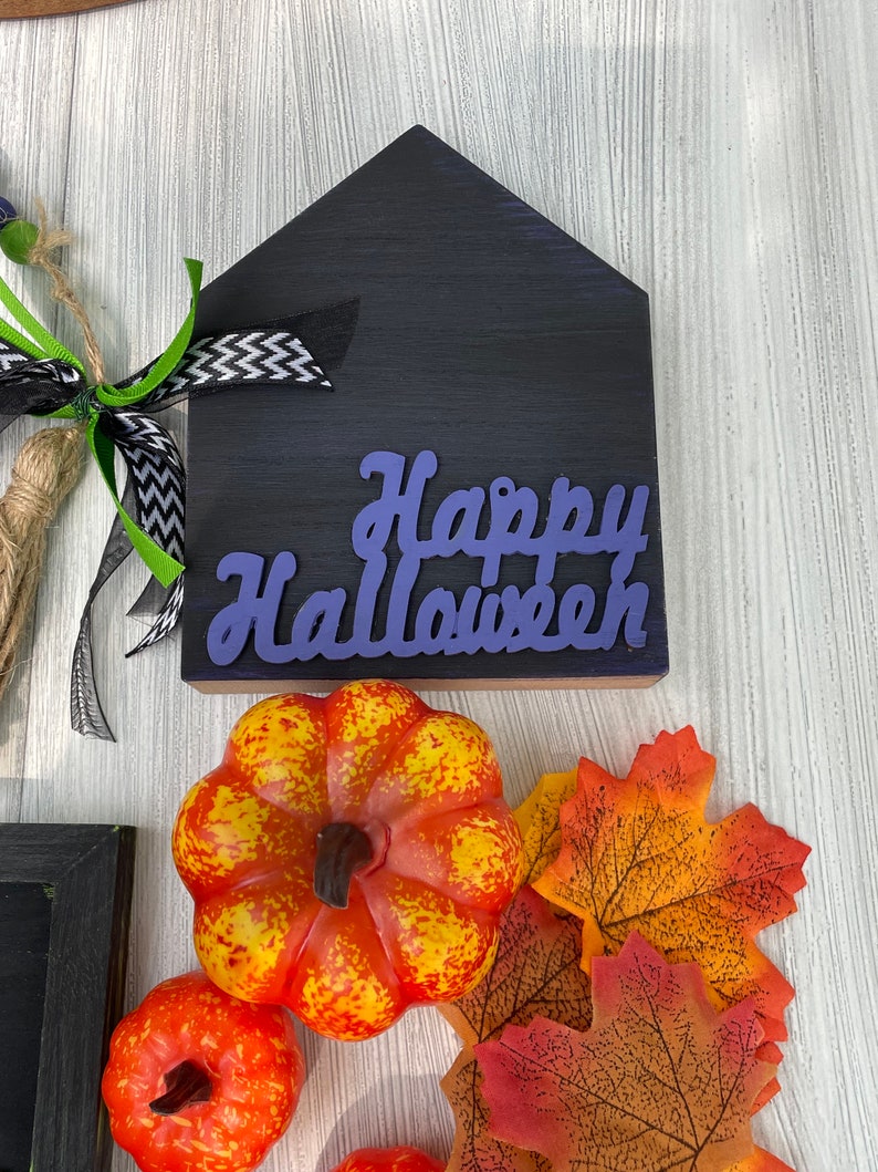 Halloween Tiered Tray Decor Items Spooky Pumpkin Witch Trick or Treat Bead Garland Orange Green Purple Black Tray NOT Included Happy Halloween Sign