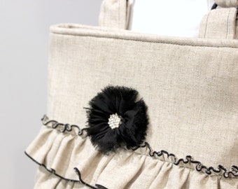 Cross body bag purse with ruffle detail in oatmeal beige linen