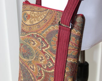 Red Gold and Green Paisley Cross Body Hipster Bag