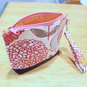 Botanical print zippered wristlet wallet pouch pink, navy, orange image 2