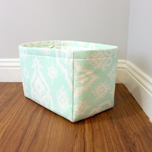 Medium fabric tote bin basket storage in aqua blue Ikat print